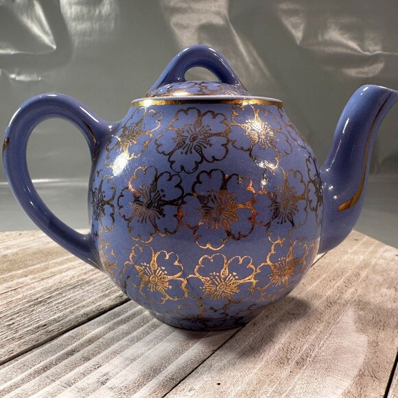 Hall China French Floral Ceramic Teapot Periwinkle Vintage USA Lid 2 Cups - Picture 6 of 13